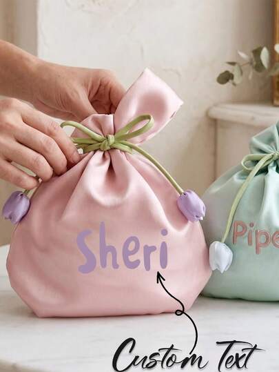 Custom Handbag With Tulip Floral Decor, Personalized Gift Storage Tote Bag; Elegant Party Wrist Bag. Suitable For Storing Cosmetics, Lipstick, Coins And Other Items, Applicable For Weddings, Bridesmaid Party, Pre-Wedding Party, Bachelorette Party, Wedding Favors, Exquisite Party Favors, Thoughtful Memorial Gift For Bride's Friends And Family, Bridesmaid Gift, Back To School Gift, Teacher Gift