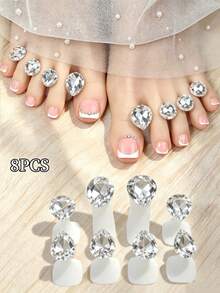 8pcs Transparent Water Drop Rhinestone Toe Separators, Soft Silicone Toe Spacers For DIY Foot Care, Dopamine Style Elegant Nail Art Tools, Y2K Style Salon Home Manicure Toe Spacing Accessories - Silver - View 1