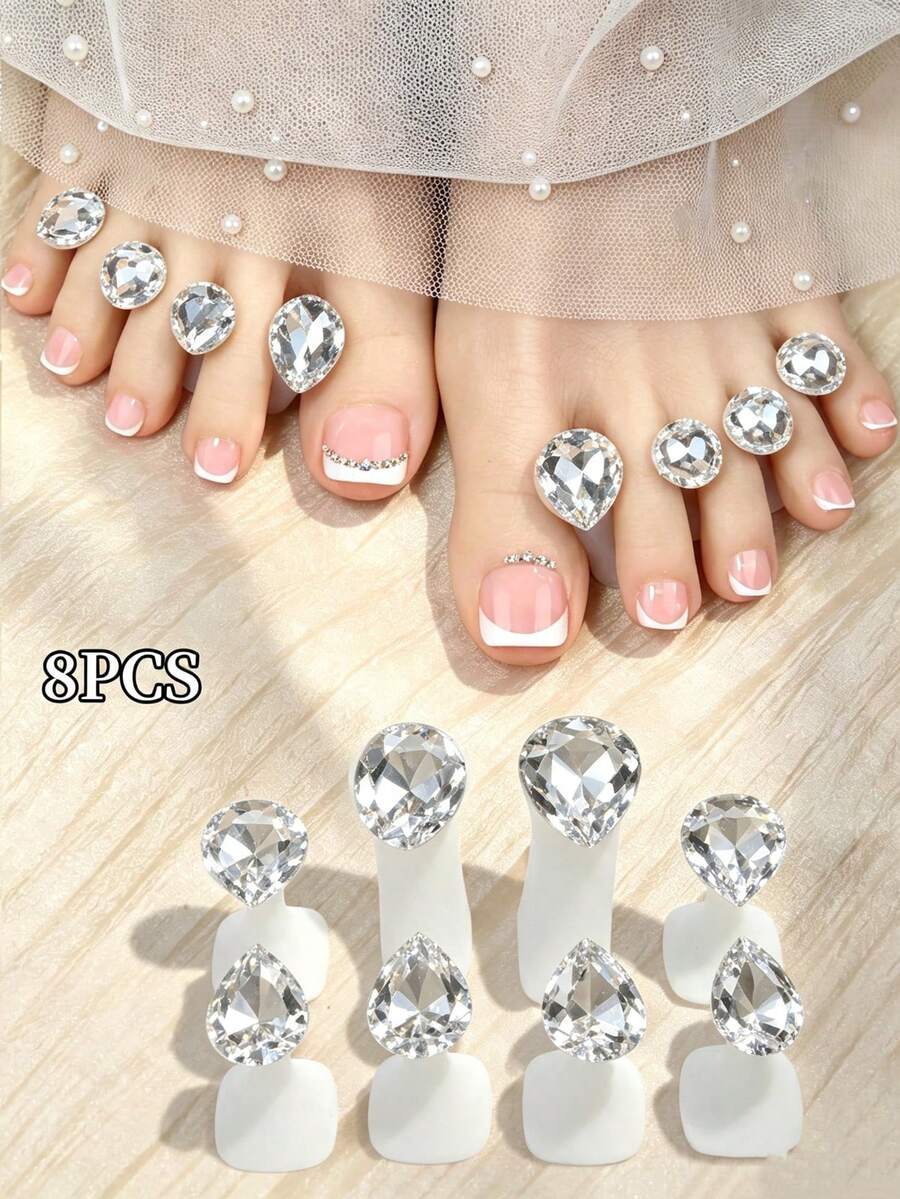 8pcs Transparent Water Drop Rhinestone Toe Separators, Soft Silicone Toe Spacers For DIY Foot Care, Dopamine Style Elegant Nail Art Tools, Y2K Style Salon Home Manicure Toe Spacing Accessories - Silver - View 1