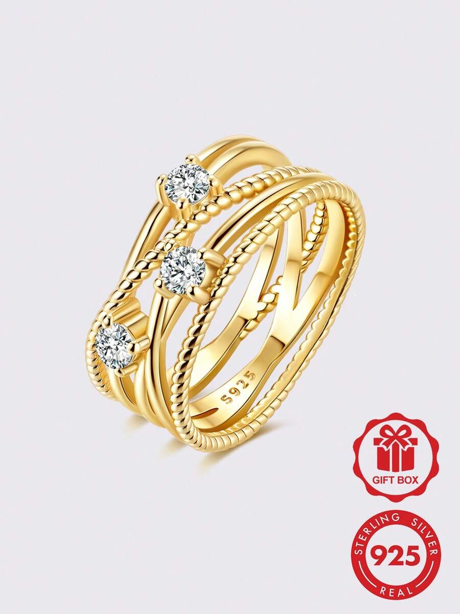 1件原裝925純銀女款戒指,十字交叉鏤空設計,鑲嵌閃亮立方鋯石,優雅珠寶禮物送女友 - 彩色 - 查看 1