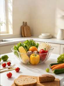 1pc Large Capacity Transparent PET Fruit & Vegetable Bowl, High Transparency Visible Texture, Petal Wave Ruffled Open Design, Shatter-Resistant And Durable, Clear Without Impurities, Suitable For Holding Vegetables, Fruits, Salads, Snacks, Nuts, Also As A Vegetable Washing & Draining Container, Fits Home Kitchen Meal Prep, Living Room Fruit Display, Picnic, Party, Daily Use, Holiday Hosting - Clear - View 3