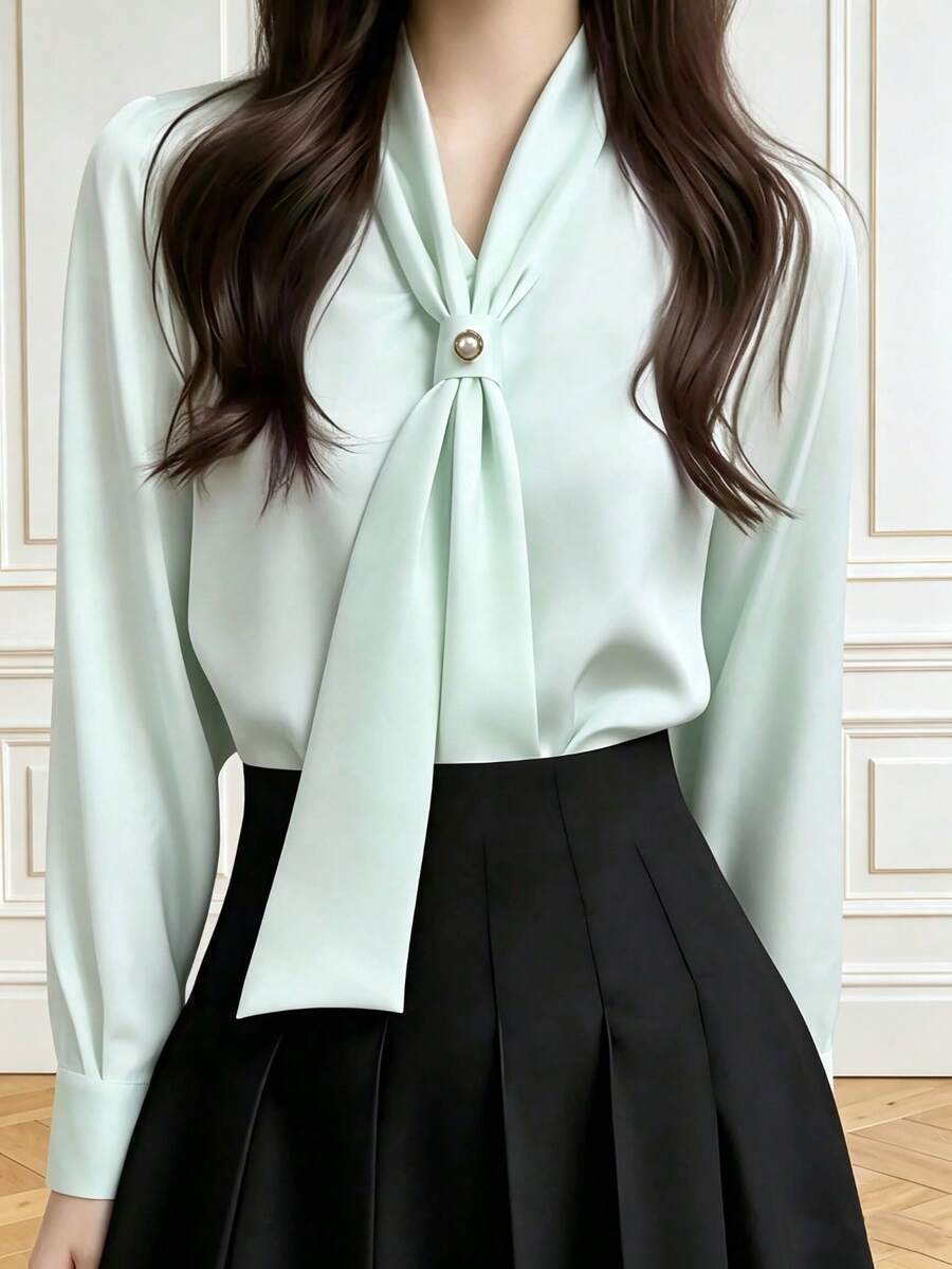 Solid Color Beaded V-Neck Blouse, Elegant Long Sleeve Shirt