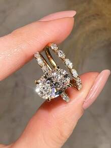2pcs Women's Rings, Gold-Tone Copper Material, Oval Main Stone Stackable Design Inlaid With CZ, Exquisite Luxury Rings, Daily Commute Holiday Gift - Gold - View 2
