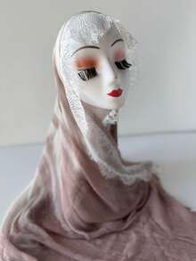 1PC Pleated Chiffon Headscarf With Eyelash Lace Trim, Gradient Dusty Pink Lightweight Semi-Sheer Muslim Women's Hijab, Elegant Lace Edge Shawl, Suitable For Daily Wear And Occasions - Dusty Pink - View 3