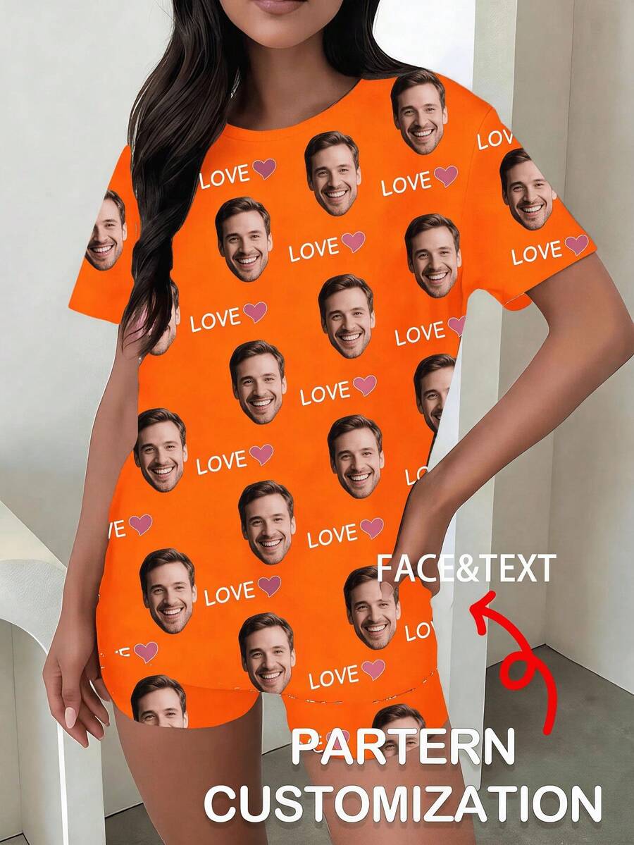 1pc Women's Custom Face & Text Pajama Set, Black With Personalized Face, LOVE And Pink Heart Prints, Soft Fabric, Casual Style, Ideal For Home Wear - Orange - View 1
