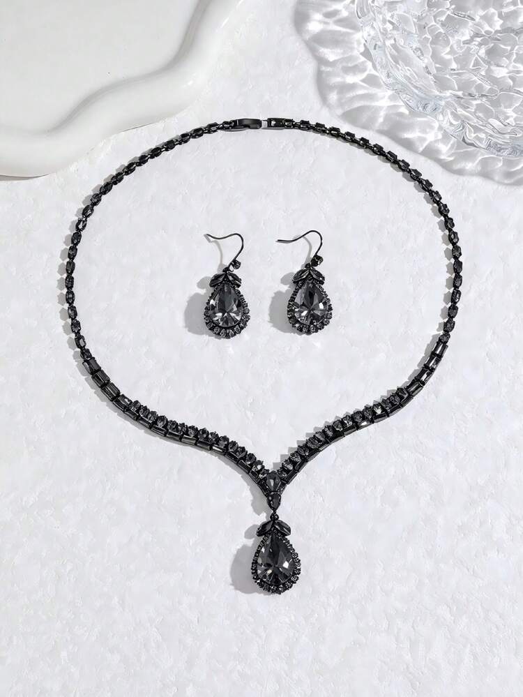 Water Drop Zirconia Necklace + Earrings Jewelry Set, Suitable For Wedding, Party, Gathering, Holiday, Vacation Versatile Accessories - Gun Black - View 4