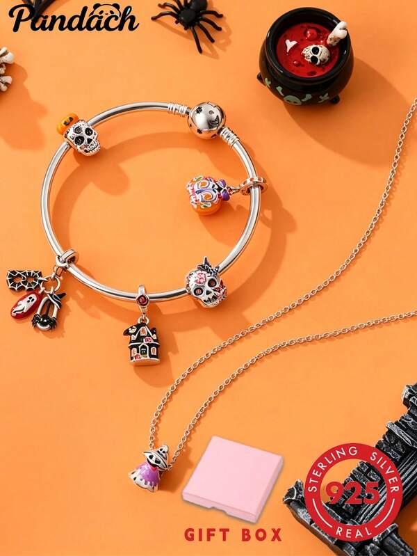 1pc S925 Sterling Silver Halloween Theme DIY Beads, Painted Skull, Ghost, Haunted House, Pumpkin Multiple Pendant Styles, Enamel Craft, Comes With Gift Box, Suitable For Bracelet Necklace Handmade Assembly, Halloween Personalized Silver Jewelry Accessories