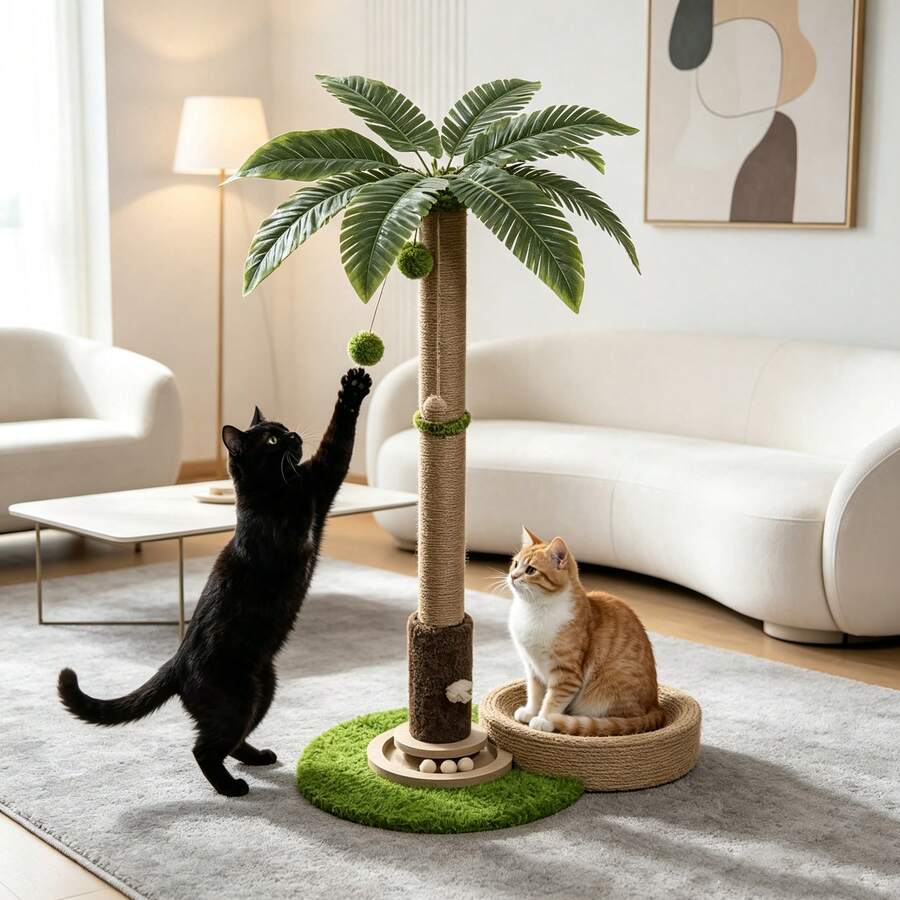 Coconut Palm Tree Cat Scratching Post, Tall Sisal Cat Climbing Frame With Artificial Palm Leaves, Hanging Ball & Plush Mouse Toy, Green Grass Base Cat Scratcher Pole, Indoor Kitten Adult Cat Play Tower, Furniture Protector - Coconut Tree - View 1