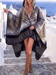 1pc Bohemian Pattern Jacquard Hooded Cape Shawl, Women's Autumn/Winter Fashion Versatile Warm Poncho Cardigan Jacket, Suitable For Daily Wear, Travel - Grey-black - View 3