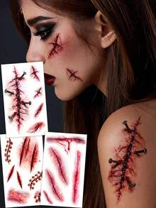 3pcs Red Scar Temporary Tattoo Stickers, Realistic Cross Wound Screw Scar Fake Blood Fake Cracked Wound, Waterproof Sweat-Proof DIY Design, Zombie Vampire Cosplay And Halloween Makeup - Red - View 1
