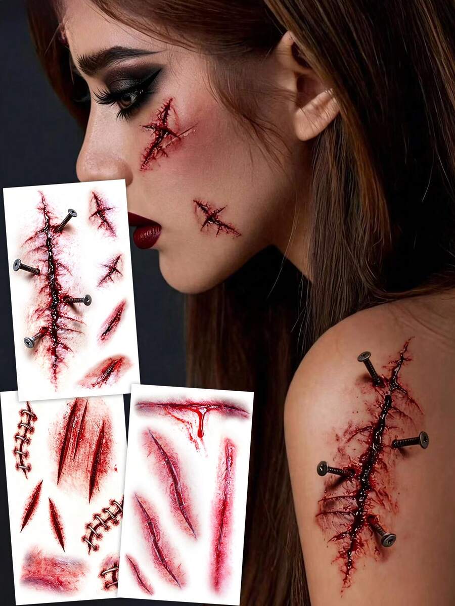 3pcs Red Scar Temporary Tattoo Stickers, Realistic Cross Wound Screw Scar Fake Blood Fake Cracked Wound, Waterproof Sweat-Proof DIY Design, Zombie Vampire Cosplay And Halloween Makeup - Red - View 1