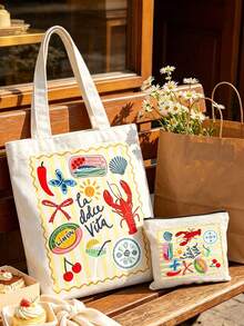 White Canvas Shoulder Bag And Makeup Bag Set With Striped Lobster Pattern, Casual Cute Handbag For Women And Girls Daily Commute, Shopping, Travel, Multi-Functional Cosmetic Storage Bag, Portable Toiletry Bag, Perfect Gift For Friends, Moms, Teens, Back To School, Independence Day, Birthday, Teacher's Day - Multicolor - View 7