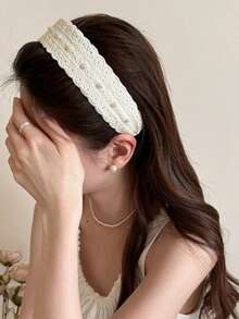 1pc Premium Beige Floral Lace Pearl Wide Headband For Women, Fashionable Hair Clip For Washing Face, Elegant Hair Accessory - Beige - View 4