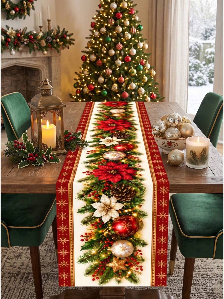 1件裝聖誕亞麻桌旗桌布桌巾，紅黑水牛格紋聖誕樹圖案 Merry Christmas 桌旗，聖誕氛圍裝飾用品 - 彩色 - 查看 1