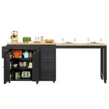Extendable Kitchen Island With Storage 116–179.5 Cm, Extendable Countertop Up To Max. 69.5 Cm, With 3 Drawers, Side Snack Shelves & Casters, White/Black - Black - View 8