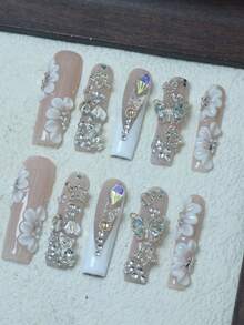 CrystalHola 10pcs Handmade Fully Covered Coffin Nails Press On Nails,Y2K .Nude And White With Embossed Details, Rhinestones, And French Tip Nails. Three Sizes , Fits Parties, Weddings, And Wear Daily.Reusable,With Jelly Glue&Nail File.A Great Gift For Girls - Multicolor - View 14