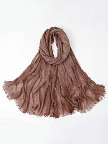 1pc Crinkle Rayon Hijab Fringe Edge Soft Cotton Linen Feel Muslim Women Head Scarf Solid Color Modest Shawl - Multicolor - View 5