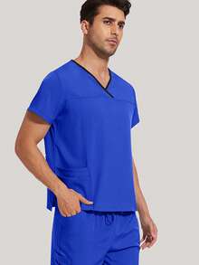 Men's Scrub Set V-Neck Scrub Top And Pants Work Uniform Elastic Waistband 8 Pockets - Royal Blue - View 4