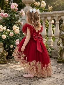 女嬰刺繡蝴蝶婚禮花童公主禮服附拖尾，適合派對與度假，布料花卉圖案隨機裁切，不含髮箍 - 酒紅色 - 查看 7