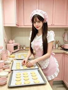 1 Set Pink Plaid Polka Dot Ruffle Cute Princess Apron Set, Includes Matching Hair Cap, Sweet Pleated Kitchen Cooking Apron, Women's Photo Outfit Set - Multicolor - View 7