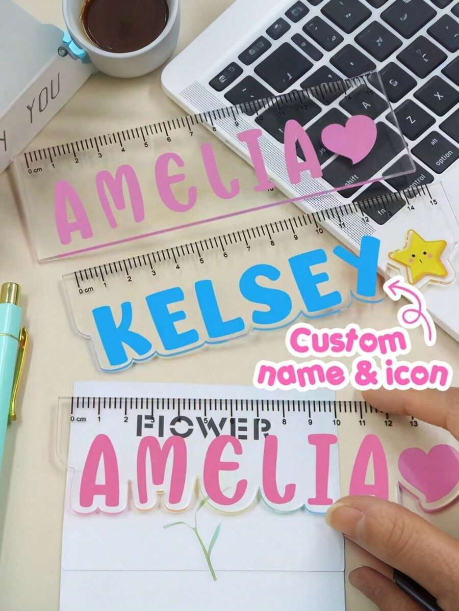 Custom A2 Size Colorful Letter Acrylic Ruler, Personalized Name, 15cm Long, Suitable For Stationery Enthusiasts, Fashionable Ruler For Birthday, Office Use, Daily Tasks And Students - Multicolor - View 1