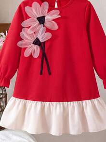 Girls' Fashion Floral Long Sleeve Cuffed Apricot Color Patchwork Hem Dress - Red - View 5