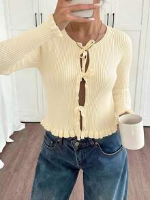 Women's Spring/Autumn Vertical Ribbed Texture Round Neck Tie-Front Long Sleeve Knit Cardigan, Featuring Girly Bow Tie And Ruffle Trim Decor, Slim Fit Cropped Silhouette, Suitable For Daily Commute, Dating And Photo Outfits - Light Yellow - View 10