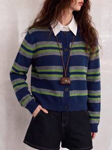 Women's Autumn/Winter Casual Minimalist Classic Retro Striped Round Neck Cardigan Jacket Fall - Navy Blue - View 1