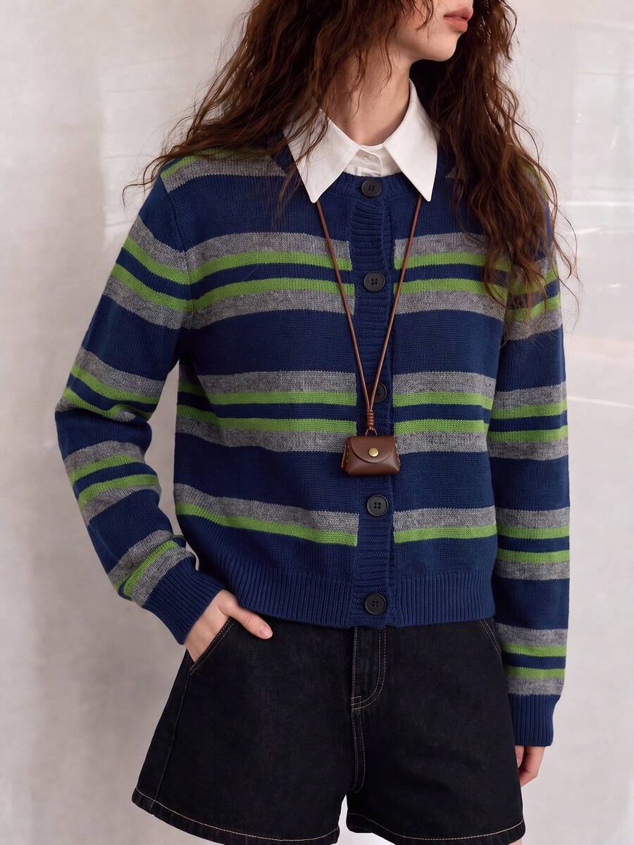 Women's Autumn/Winter Casual Minimalist Classic Retro Striped Round Neck Cardigan Jacket Fall - Navy Blue - View 1