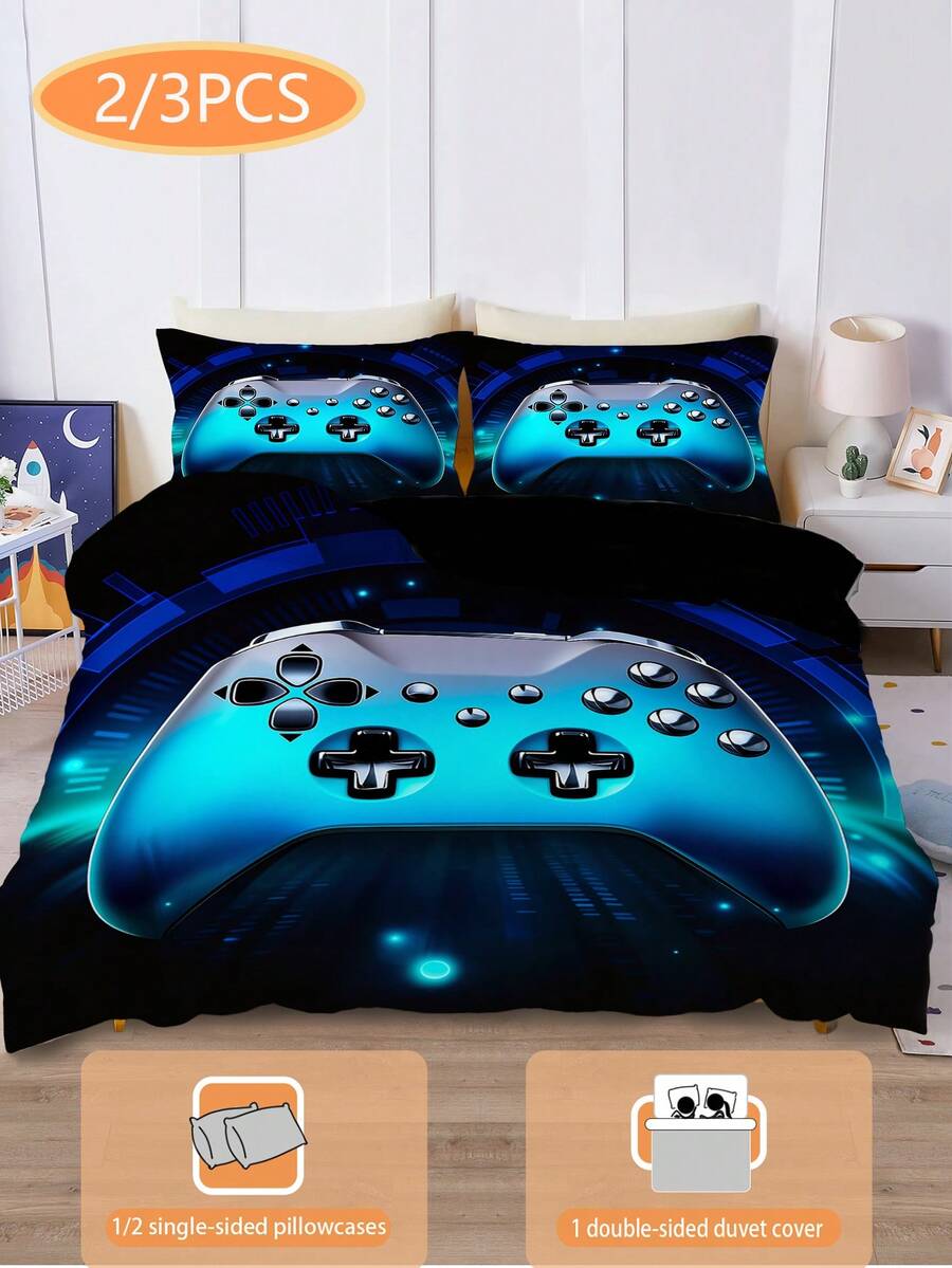 2/3PCS Neon Game Controller Black Gaming Print Bedding Set, Twin/Full/Queen/King Size Pattern Duvet Cover With Pillowcases Polyester All-Season For Children,Teenager,Boys And Girls Bedroom( No Filler) 100% Polyester - Multicolor - View 1