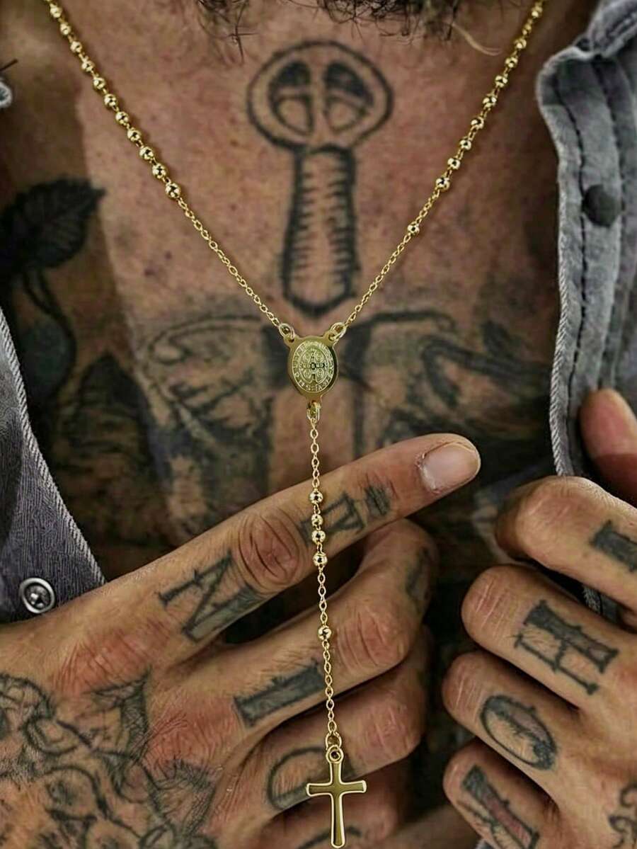 1pc Stainless Steel 3mm Small Bead Cross Pendant Necklace, Suitable For Men And Women Daily Wear Summer Jewelry - Gold - View 1