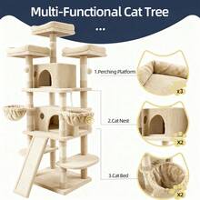 Multi-Level Cat Tree 173cm Cat Tower With Double Condos, Soft Hammocks, Sisal Scratching Ramp, Top View Perch And Dangling Pom-Poms, Stable Cat Play Furniture For Indoor Cats - Beige - View 4
