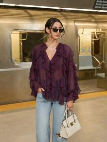 2025春季女士优雅V领单排扣长袖涂层纯色衬衫 - 玫瑰紅 - 查看 4