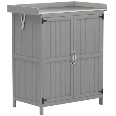 Gartenschrank, Werkzeugschrank Für Den Außenbereich, Mit Arbeitsfläche, Holz Und Edelstahl, Doppeltüren, Grau