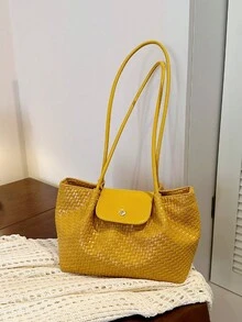 Tas Bahu Wanita Desain Gesper Niche Premium, Tas Bahu/Tas Tangan Multifungsi Minimalis Modis dari Kain PU - Mustard Yellow - View 3