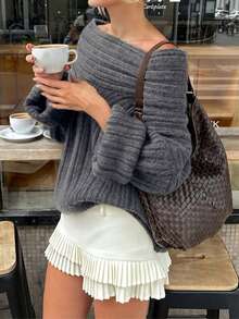 Women's Cold Shoulder Ribbed Knit Pullover Sweater Long Sleeve Grey Winter Top - Grey - View 3