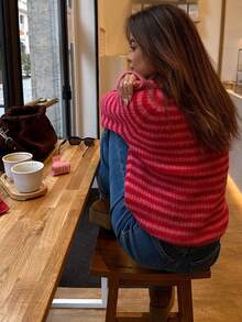 Senya Women's Vintage Colorblock Striped Knit Sweater, Round Neck Fuzzy Loose Pullover, Drop Shoulder Casual Long Sleeve Top Fall - Hot Pink - View 6