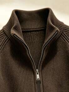Korean Style Vintage Dark Brown High Neck Zipper Versatile Knit Sweater - Coffee Brown - View 4
