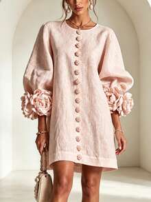 French Three-Dimensional Floral Lantern Sleeve Cotton Linen Dress, Crew Neck Single-Breasted Loose Figure-Concealing Vacation Mini Dress - Pink - View 1