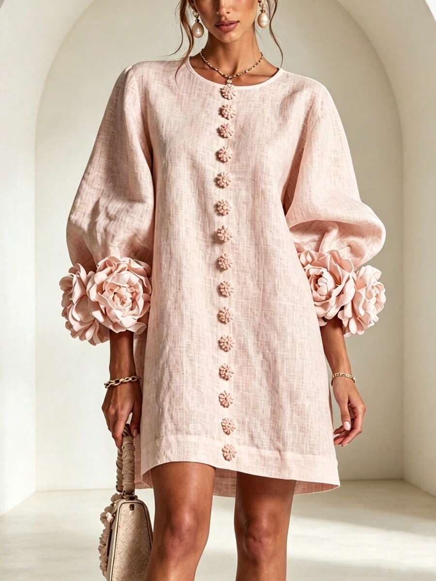 French Three-Dimensional Floral Lantern Sleeve Cotton Linen Dress, Crew Neck Single-Breasted Loose Figure-Concealing Vacation Mini Dress - Pink - View 1