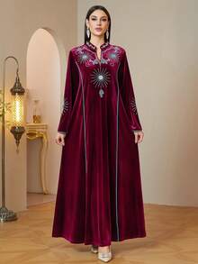 Autumn/Winter Thickened Burgundy Elegant Sun Rhinestone Embroidered Stand Collar Long Dress, Dubai Saudi Muslim Jalabiya - Red - View 4