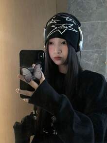 1 mũ len beanie nữ màu đen họa tiết sao, chất dệt kim co giãn cao cấp - A - Xem 2