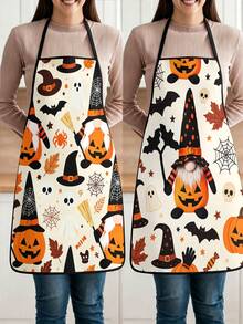 2pcs Halloween Gnome Pumpkin Print Apron, Cute Ghost Bat Spider Web Maple Leaf Pattern Adjustable Cooking Apron, Holiday Kitchen Decor Party Accessory - Multicolor - View 10