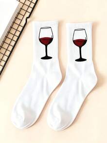 2 Pairs Black & White Wine Glass Print Mid-Calf Socks, Minimalist Fun Wine Glass Pattern Long Socks, Daily Commute Outfit, Couple Personalized Creative Birthday Gift, All Season Socks - Multicolor - View 3
