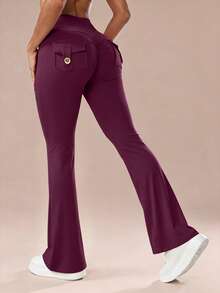 6pecil High Waist Purple Flare Yoga Pants With Pockets, Ruched Butt Lift Flare Pants, V-Shaped Tummy Control Flare Pants Sports - Purple - View 9