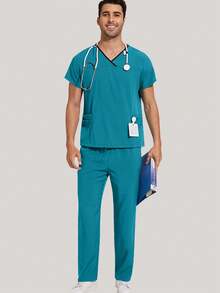 Men's Scrub Set V-Neck Scrub Top And Pants Work Uniform Elastic Waist 8 Pockets - Green - View 7