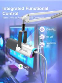 Kit de micrófono FIFINE AM8T con brazo de jirafa, micrófono dinámico cardioide de condensador para computadora, con iluminación RGB controlable, conector para auriculares, botón de silencio, adecuado para juegos, transmisión en vivo, grabación - Kit de micrófono blanco - Blanco - Ver 5