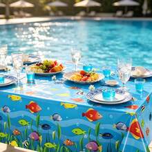 1/3PCS Bright Blue Underwater World Tablecloth With Tropical Fish, Rectangular Disposable Plastic Table Cover,Seaweed And Bubble Pattern, Suitable For Ocean Theme Celebration, Beach Party, Aquarium Gathering, Seafood Buffet Table Setting Supplies - Underwater World - View 2