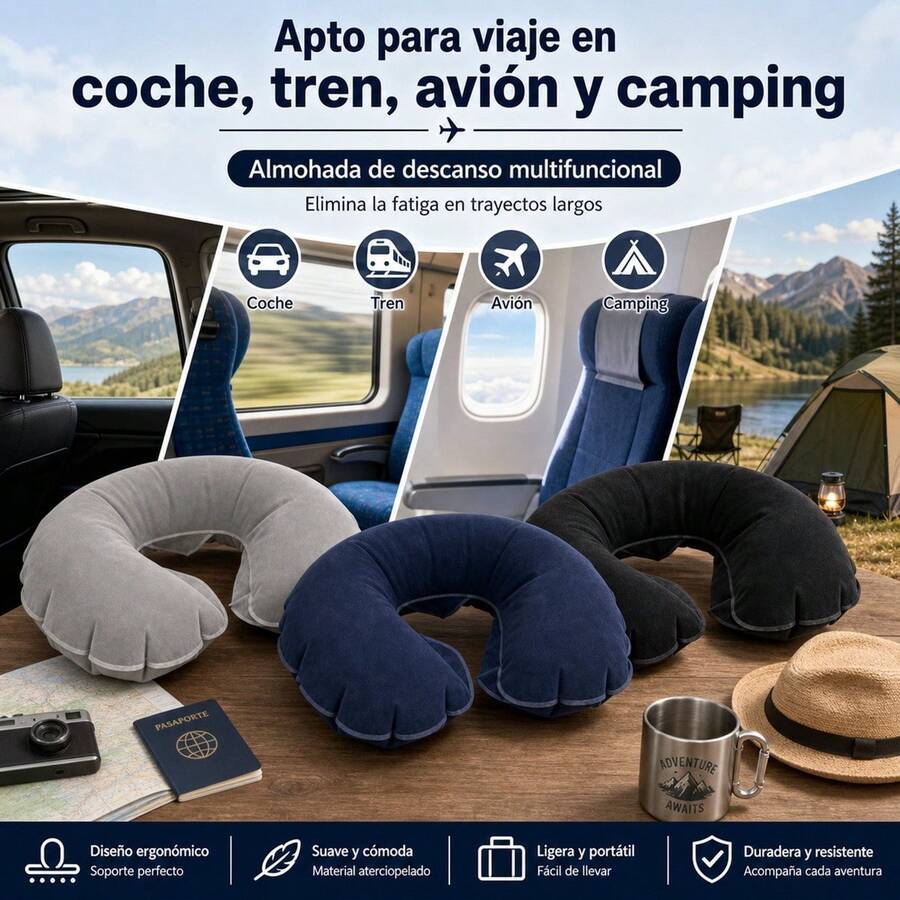 Inflatable U-Shaped Travel Pillow For Neck Support, Portable Plastic Neck Cushion For Airplane, Train And Car, Ergonomic And Foldable Design, Navy Blue - 灰色 - 查看 1