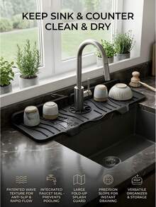 1pc Silicone Faucet Drip Tray, Foldable Sink Splash Guard Drainage Mat, Non-Slip Waterproof Countertop Protector, Suitable For Home Kitchen Sink, Bathroom Vanity, RV Bathroom, Farmhouse Bar Countertop And Cleaning Storage - Black - View 1